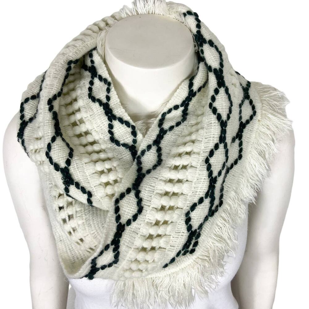 Southwestern Infinity Scarf Ivory Navy Geometric Fringe Boho
